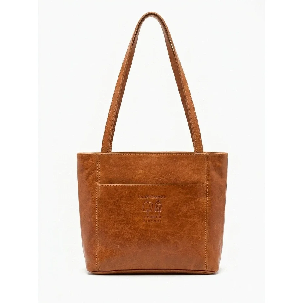 Via De Ginori 23r Firenze Italian Cognac Leather Tote Bag Made in Florence Italy